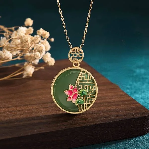 Natural Jade Lotus Good Luck Premium Pendant Necklace