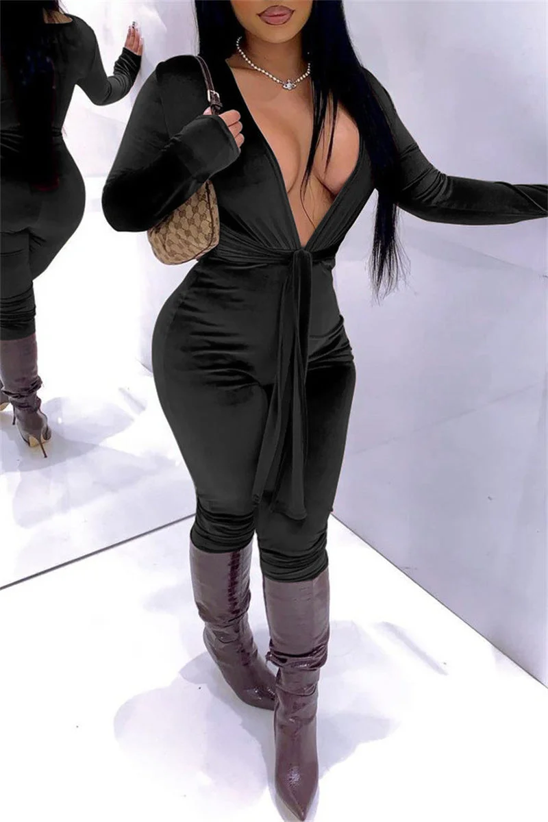 Sexy Casual Solid Bandage V Neck Long Sleeve Skinny Jumpsuits