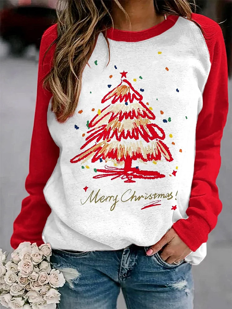Women's Christmas Tree Print Crew Neck Sweatshirt socialshop