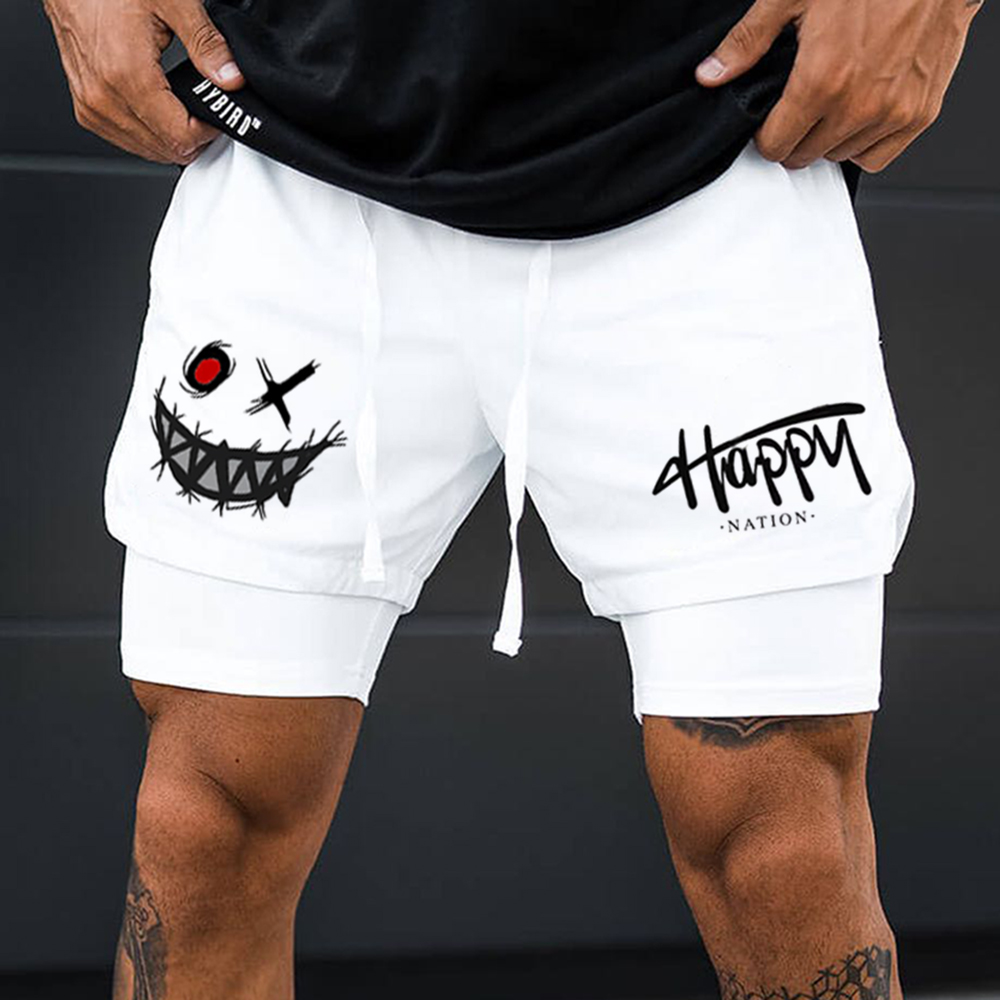 Smiley Face Print Casual Sports Double Shorts