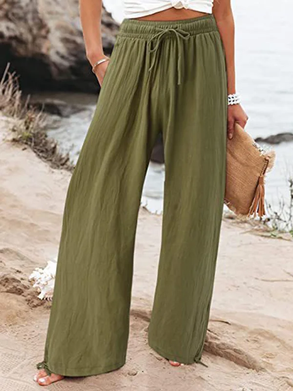 Solid Color Elasticity Drawstring Wide Leg Loose Trousers Pants