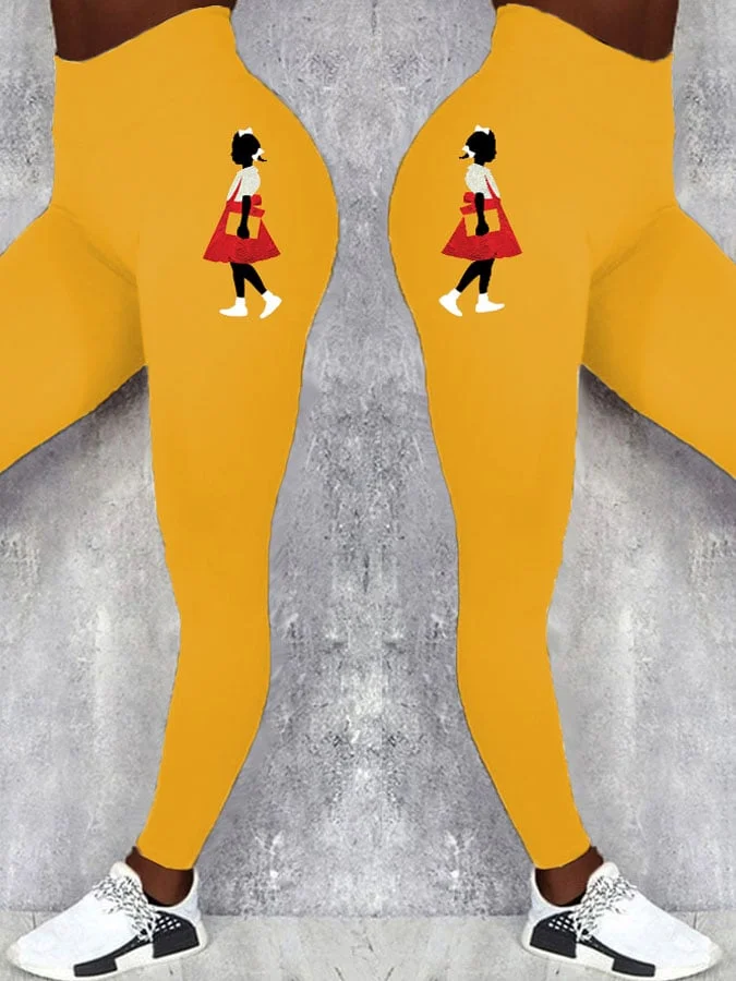 Women's  Black Girl In Red Dress Art Printed Pants Leggings 