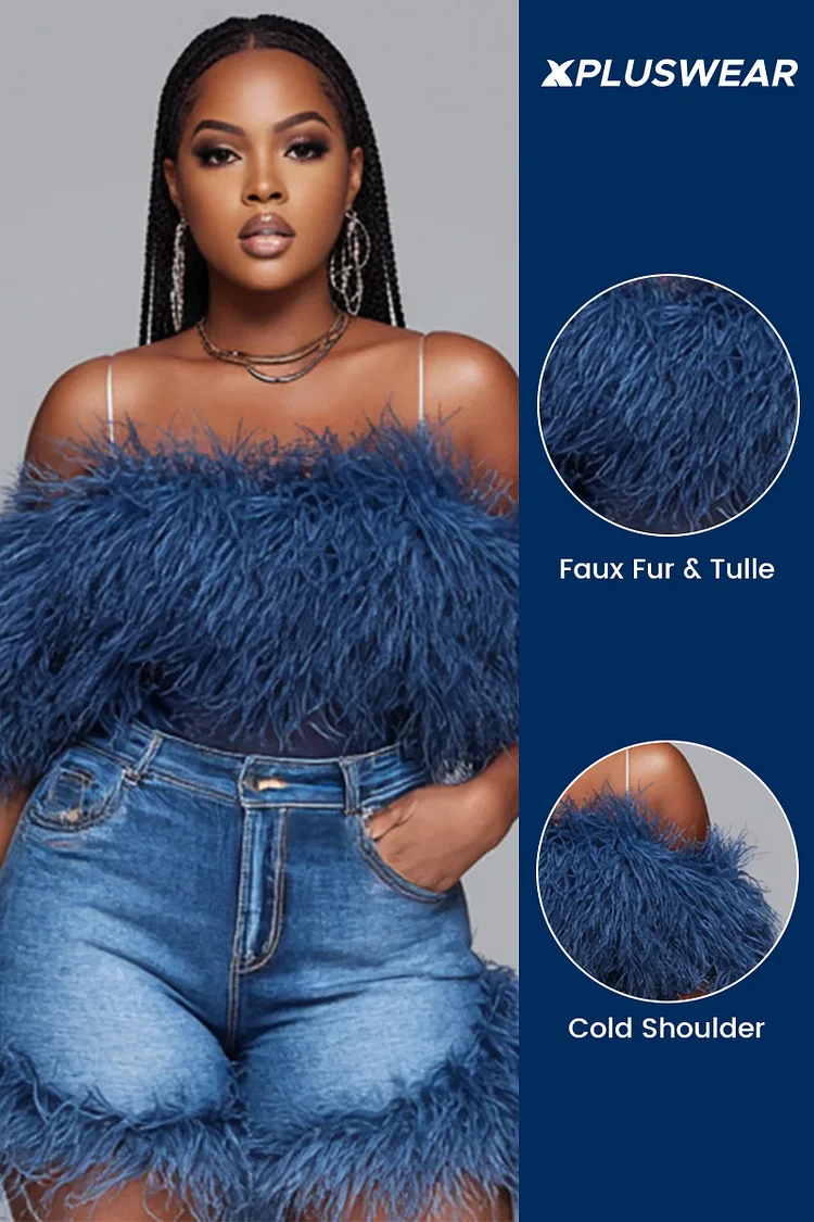 Xpluswear Design Plus Size Party Blue Cold Shoulder Feather See Through Faux Fur Tops [Pre-Order]