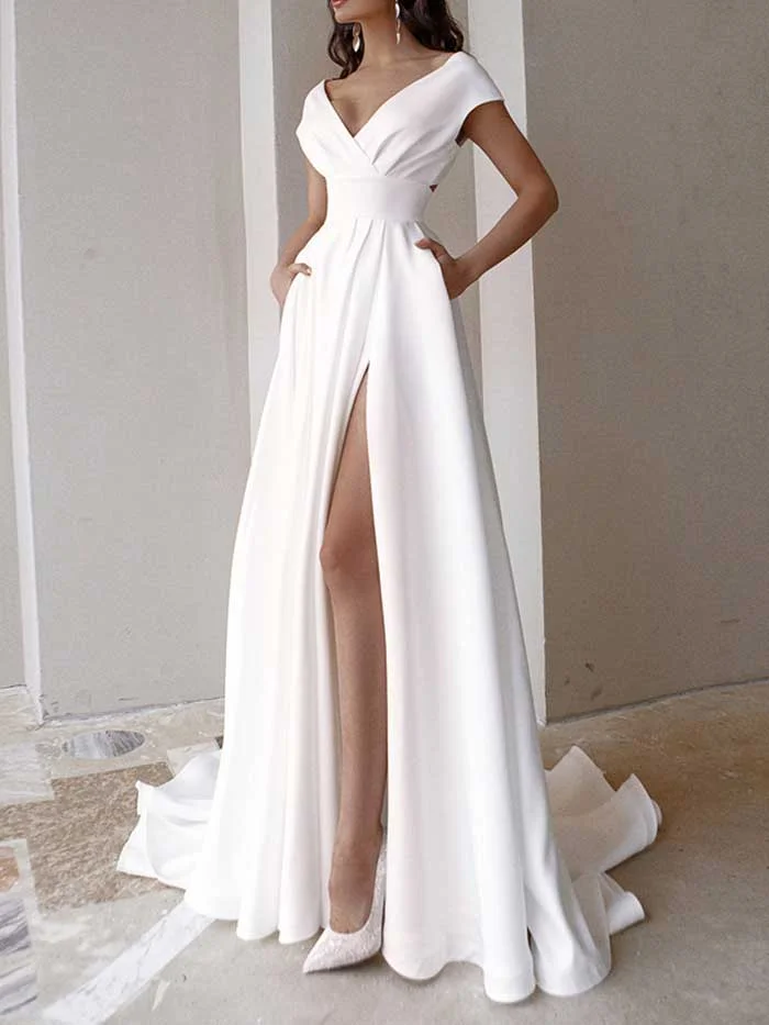 Summer new product V-neck solid color mopping long dress