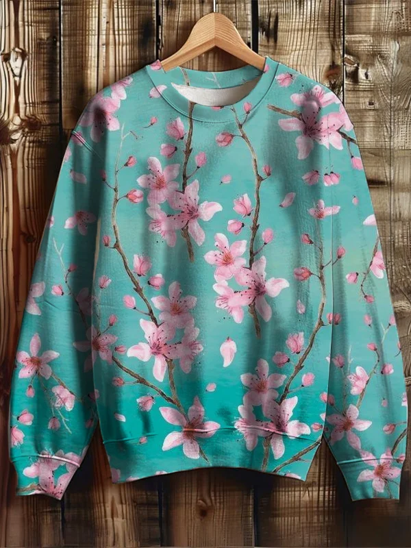 Women's Japanese Art Cherry Blossom Print Casual Sweatshirt