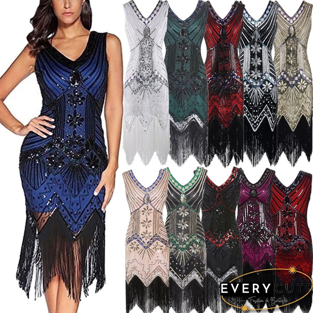 Vintage Dress Great Gatsby Dress 1920S Sequin Flapper Evening Dress Prom Tassel Hem Dress