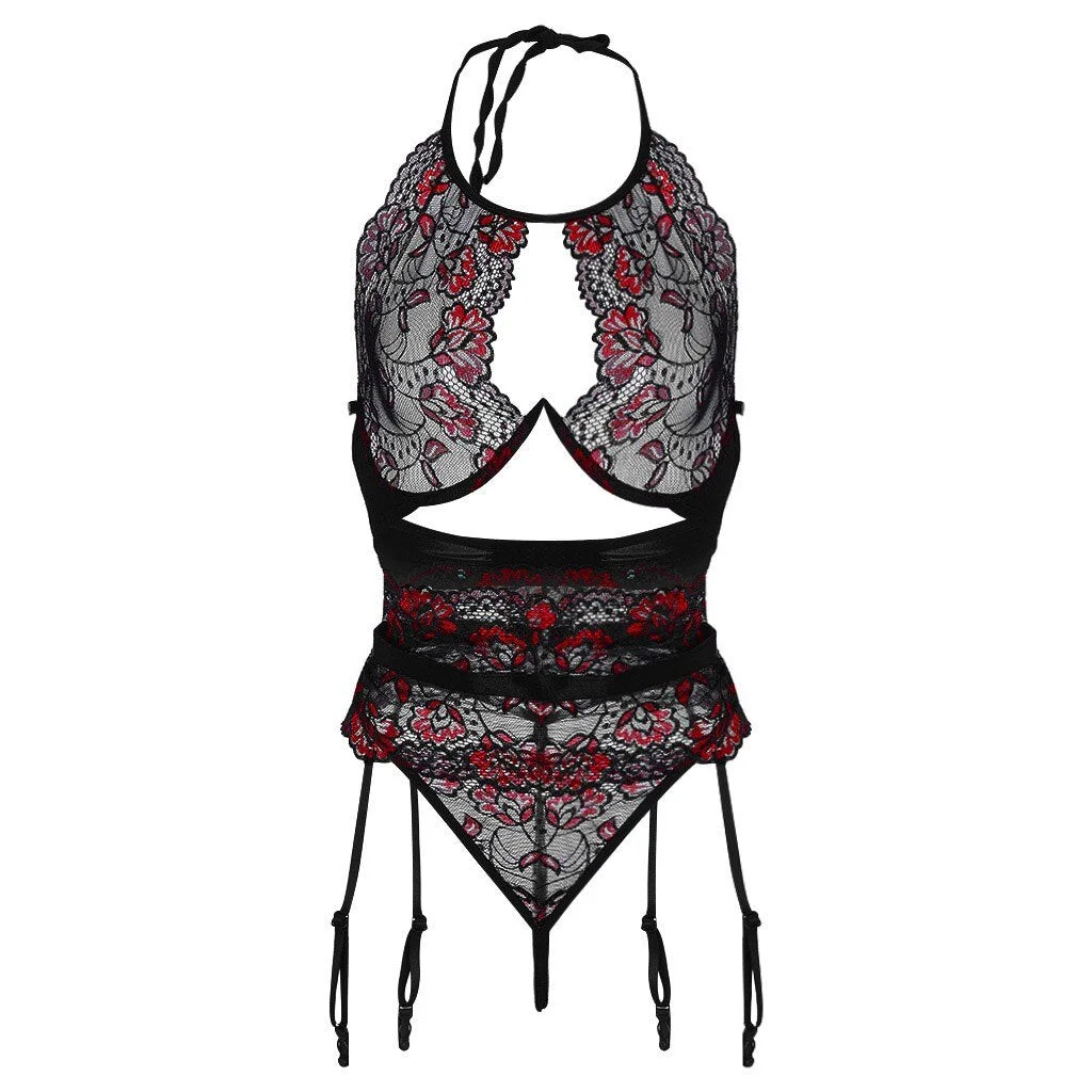 BraBrief Women Sexy Lace Embroidery Lingerie Plus Size Underwire Seamless Hollow Halter Bra Panty Garter Solid Underwear Set Hot