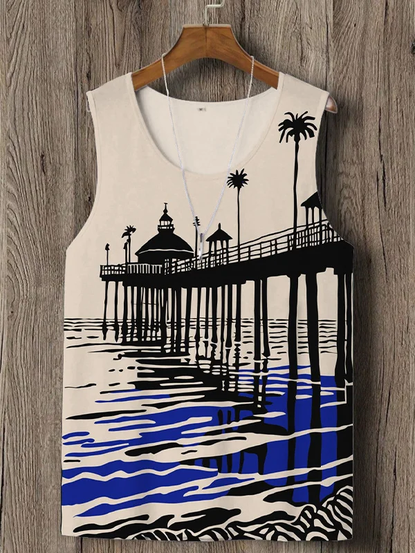 Men's Vacation Pier Scenery Print Tank Top