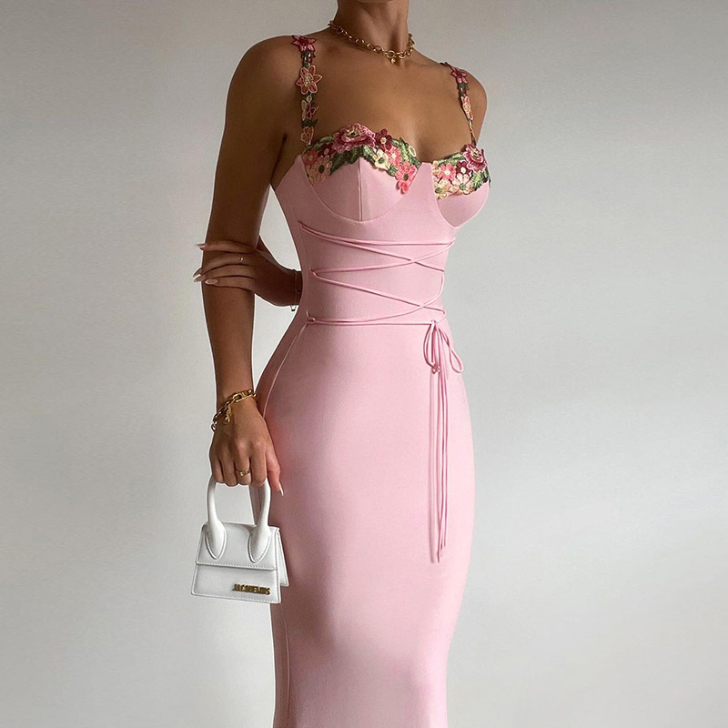 Ootddress Printed Bandage Fashion Long Dress Female Elegant Slim Sleeveless High Waist Spaghetti Dress Patchwork Party Dress Women