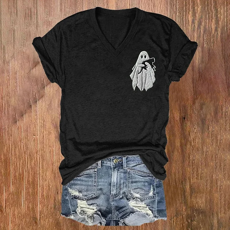VChics Halloween Cat And Ghost Printe Casual T-Shirt