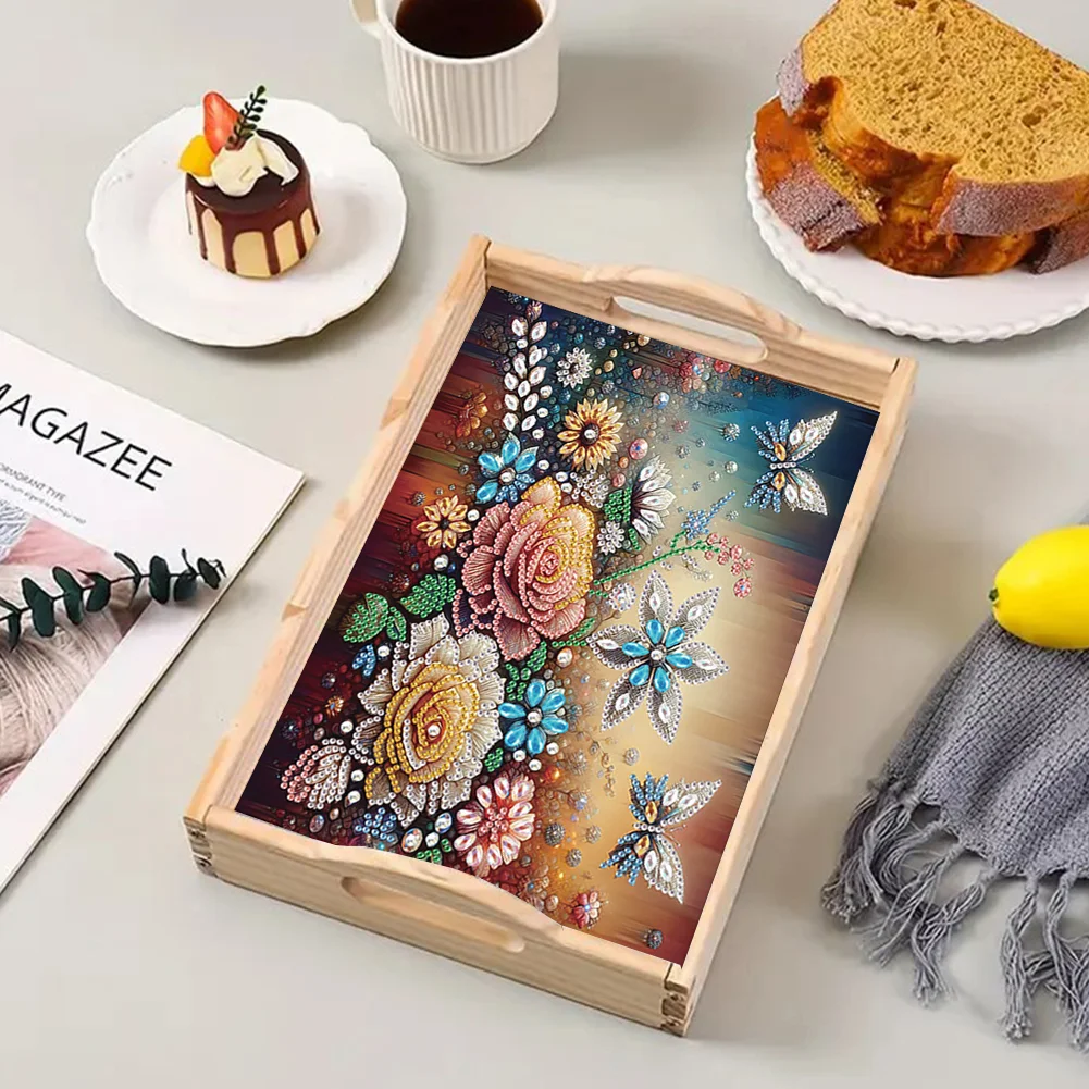 5D DIY Flower Butterfly Diamond Painting Wooden Serving Tray with Handle for Desk
