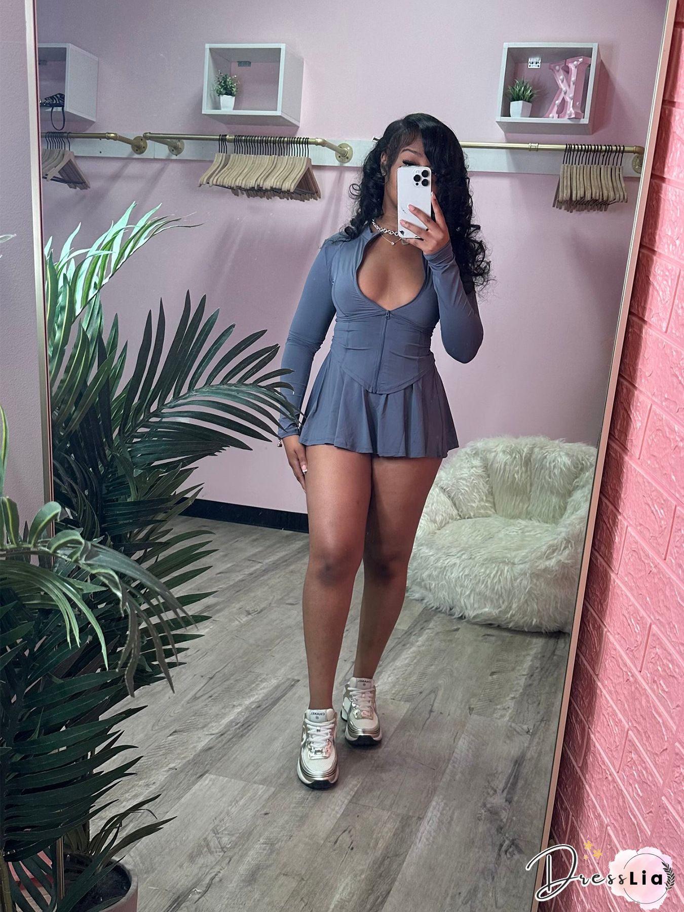 Long Sleeve Crop Top Pleated Skirt Two Piece Set