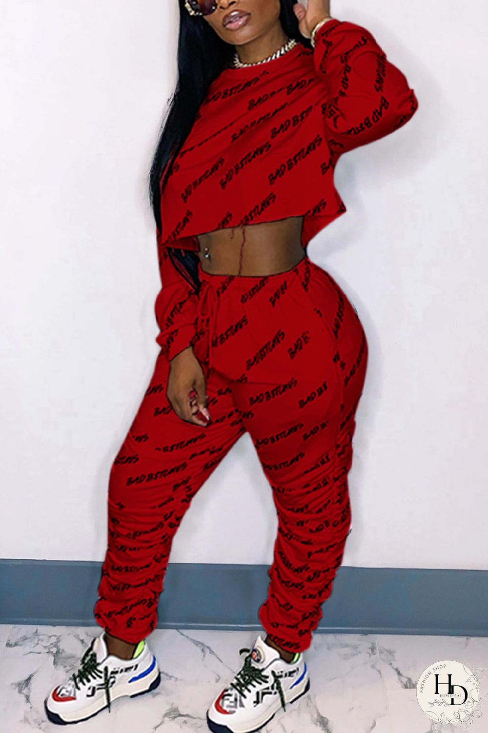 Red Street Print Fold O Neck Long Sleeve Two Pieces