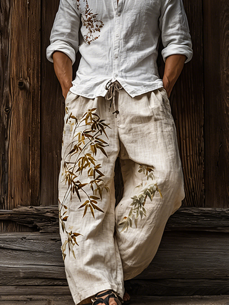 Japanese Retro Bamboo Design Men's Casual Linen Long Pants  artssus