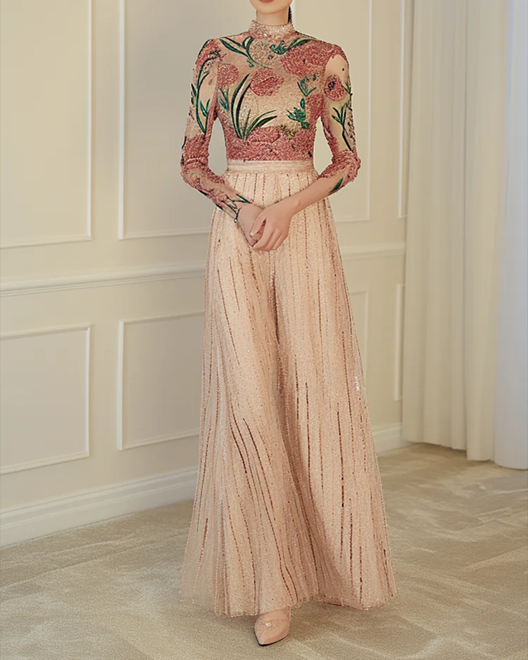Women's Long Sleeve Mesh Embroidered Sequin Dress
