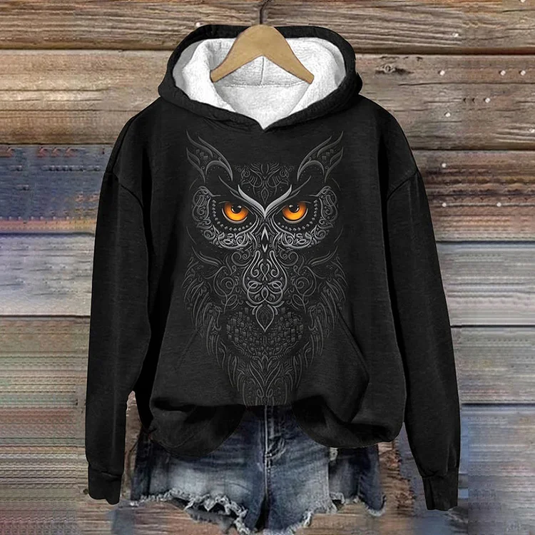 Comstylish Vintage Art Owl Print Casual Hoodie