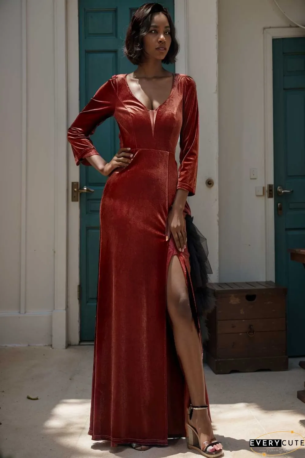 velvet 3 4 length sleeve illusion v neck front slit evening dress