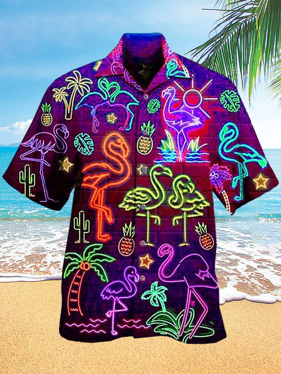 Unique Neon Flamingo Print Hawaiian Men's Short Sleeve Cuban Collar Shirt PLUSCLOTHESMAN