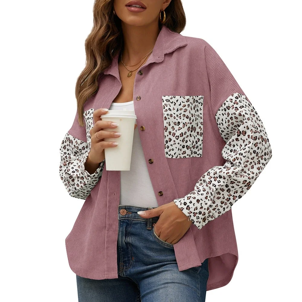 Women's Jacket Leopard Print Stitching Corduroy Casual Shirt