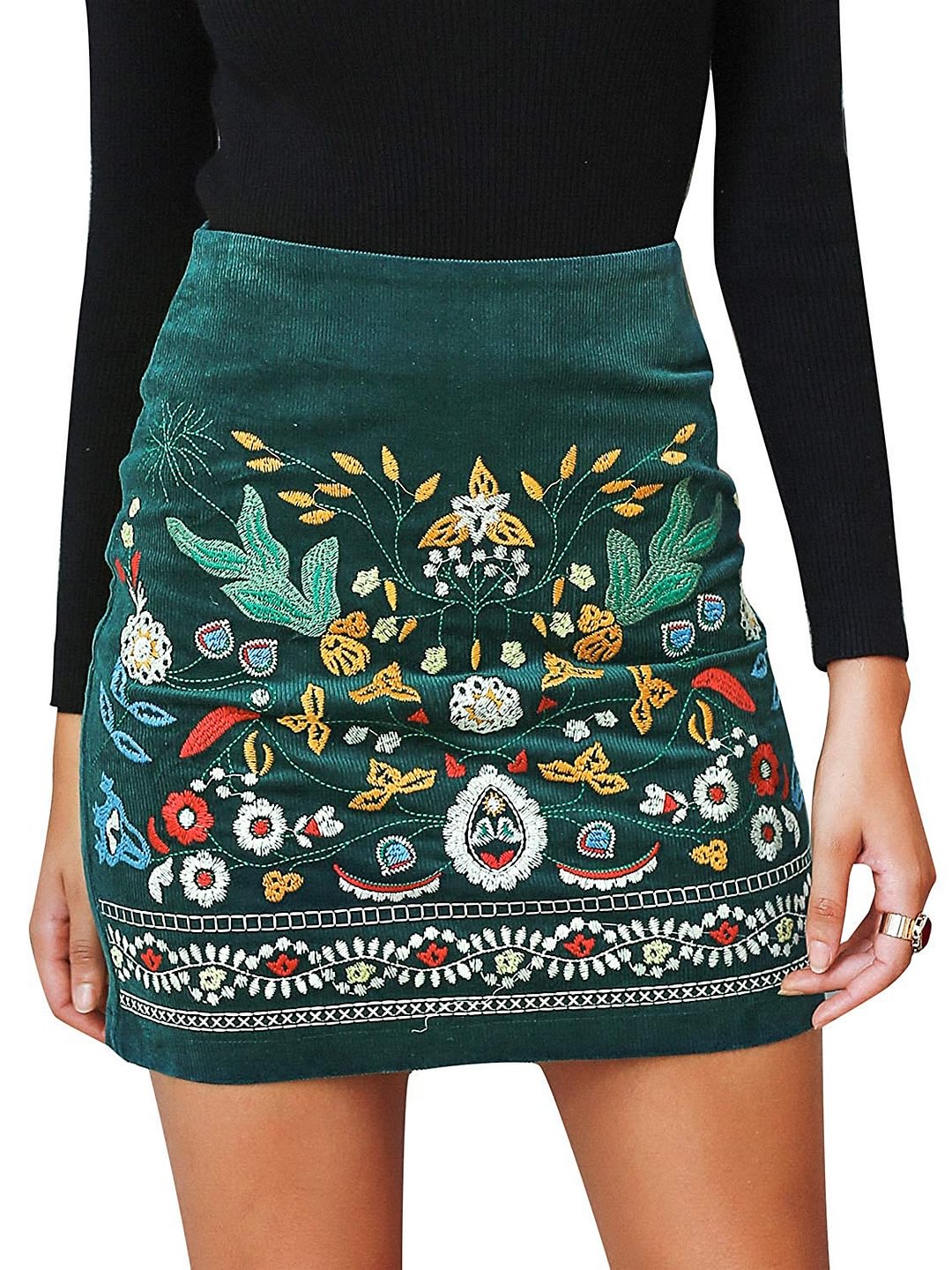 Women's High Waist Embroidered Mini Skirt Boho Floral Pencil Skirt