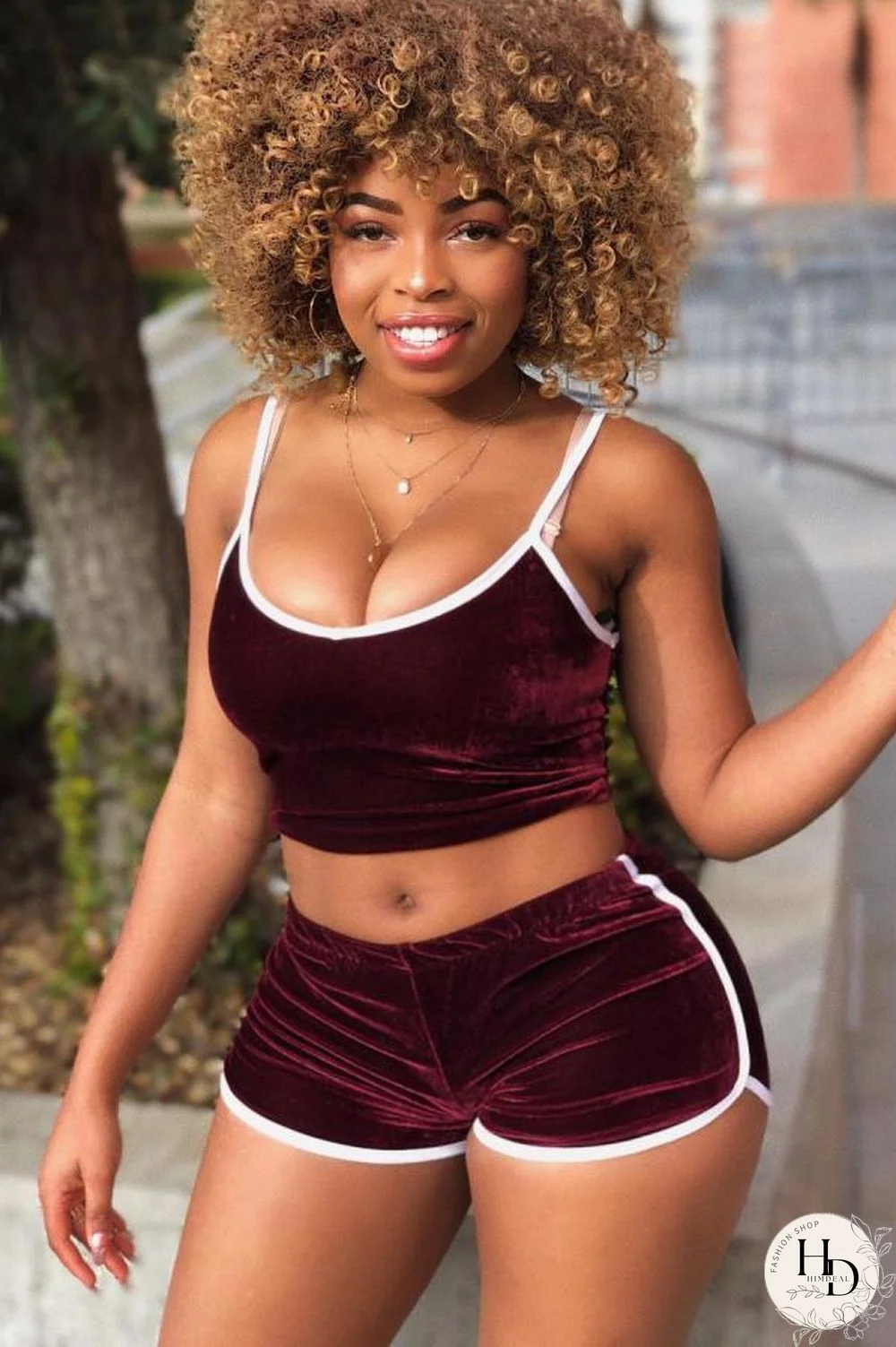 Wine Red Polyester Fashion Casual Slim fit crop top Solid Regular Two-Piece Short Set