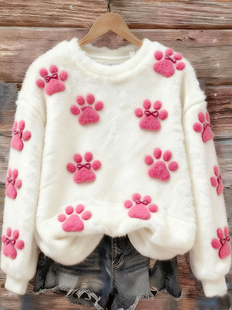 Pink Cat Paw Print Flannel Crew Neck Sweatshirt elevenforest