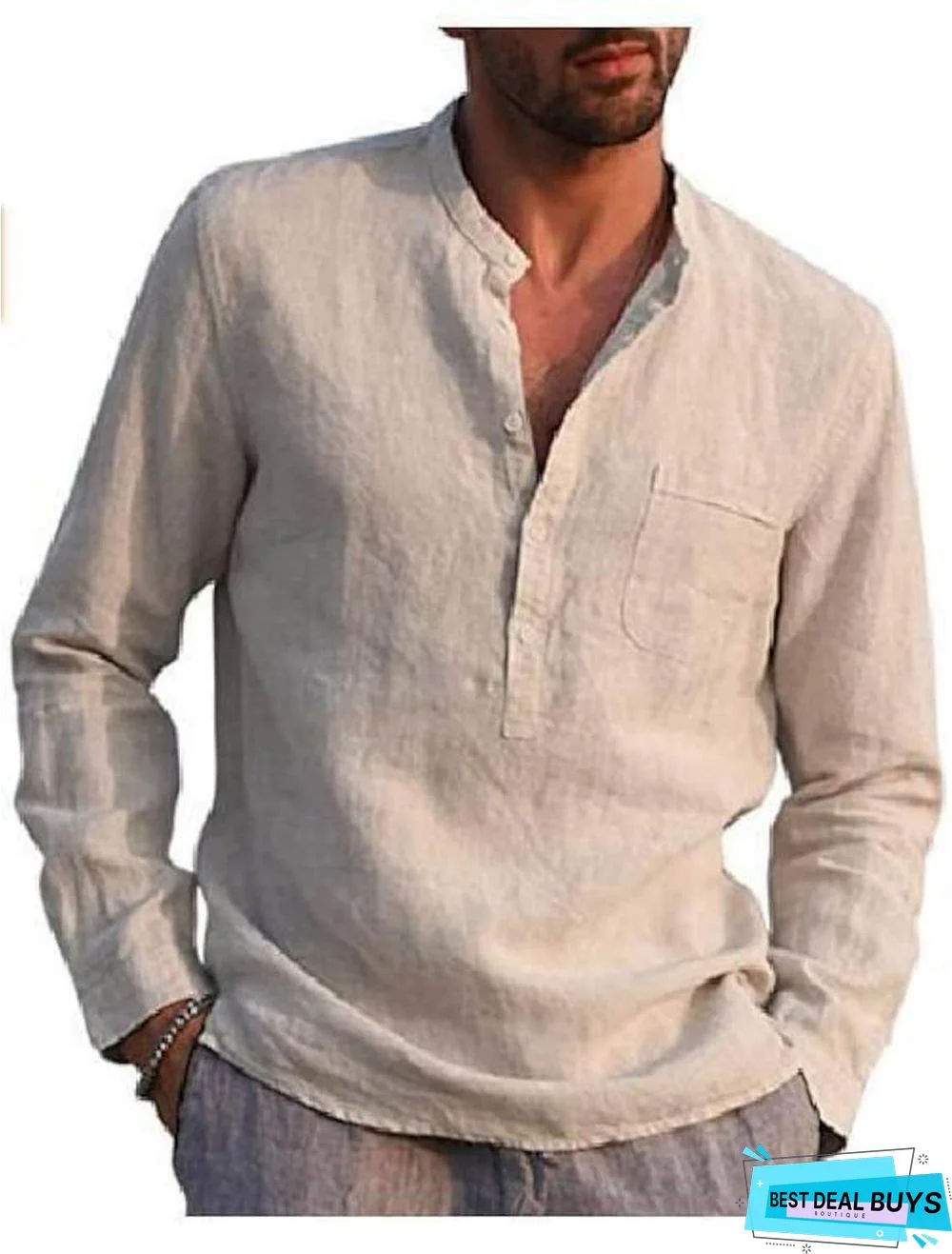 Men's Shirt Solid Color Pocket Long Sleeve Street Tops Cotton Casual Breathable Daily Henley V Neck Light Blue Wine Red Gray / Beach Linen