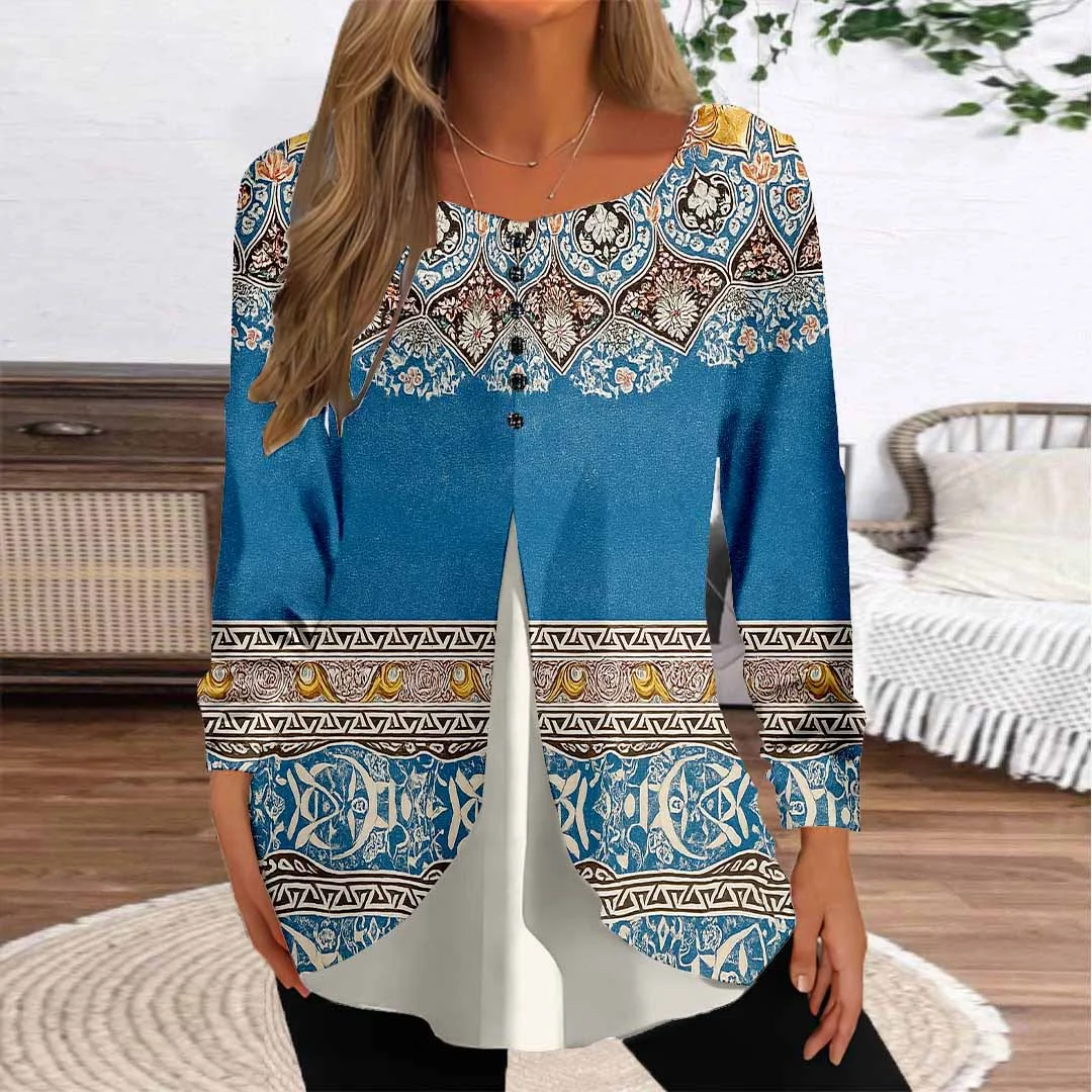 Women Graphic,Blue DZGG8346 Long Sleeve Scoop Neck Printed Graphic Button Fake 2in1 Tops