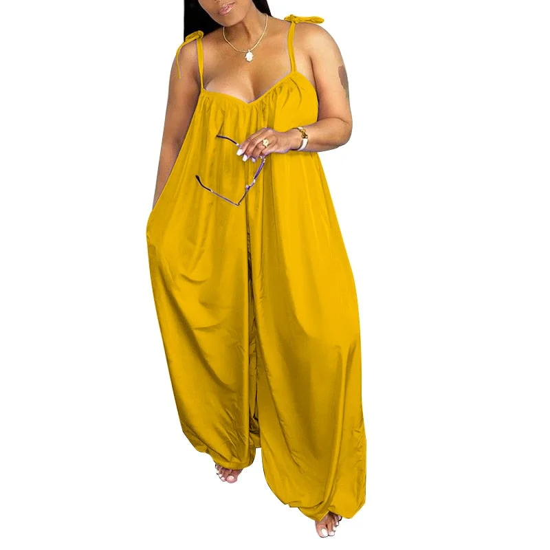 Summer Jumpsuits 2022 VONDA Women Office Wide Leg Pants Female Harem Pants Sleeveless Solid Color V Neck Pleated Long Jumpsuits