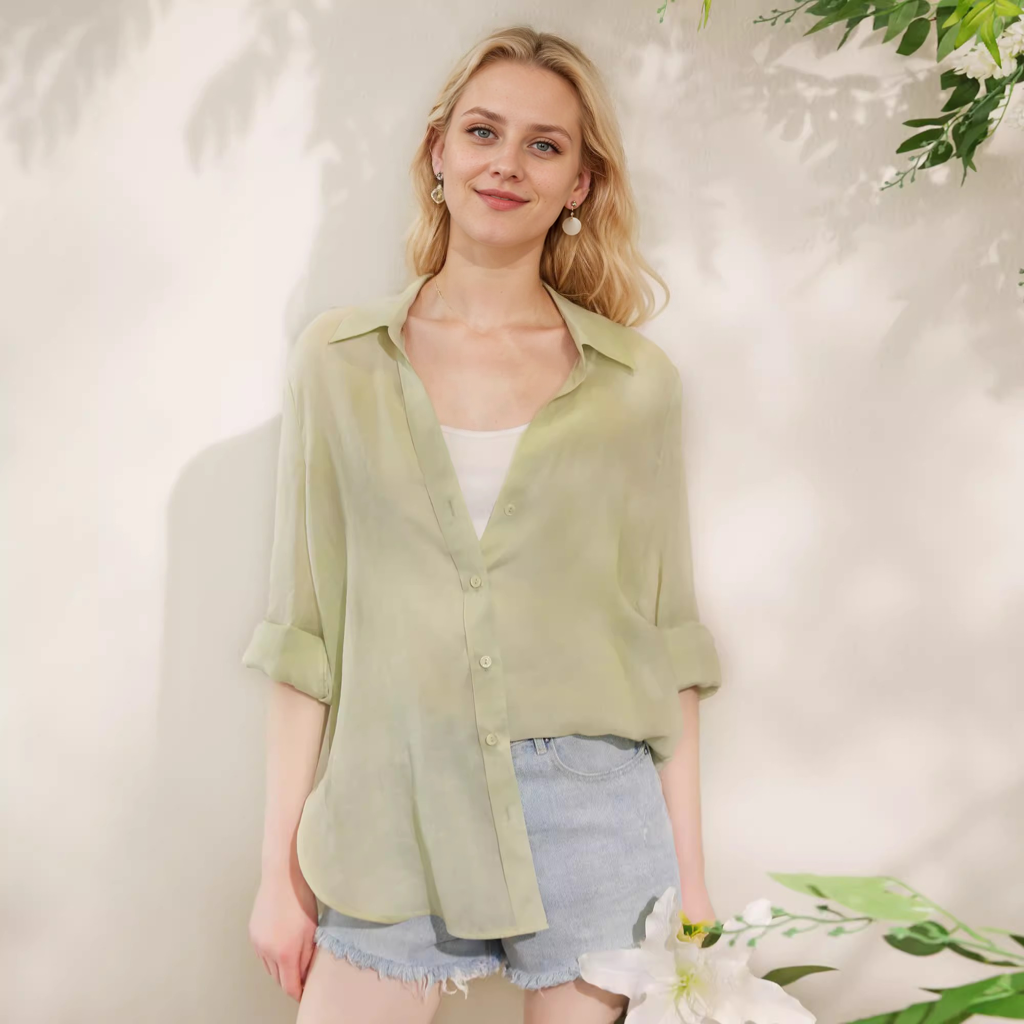 Ramie Solid Color Thin Shirt Comfortable and Cool Basic Style REAL SILK LIFE