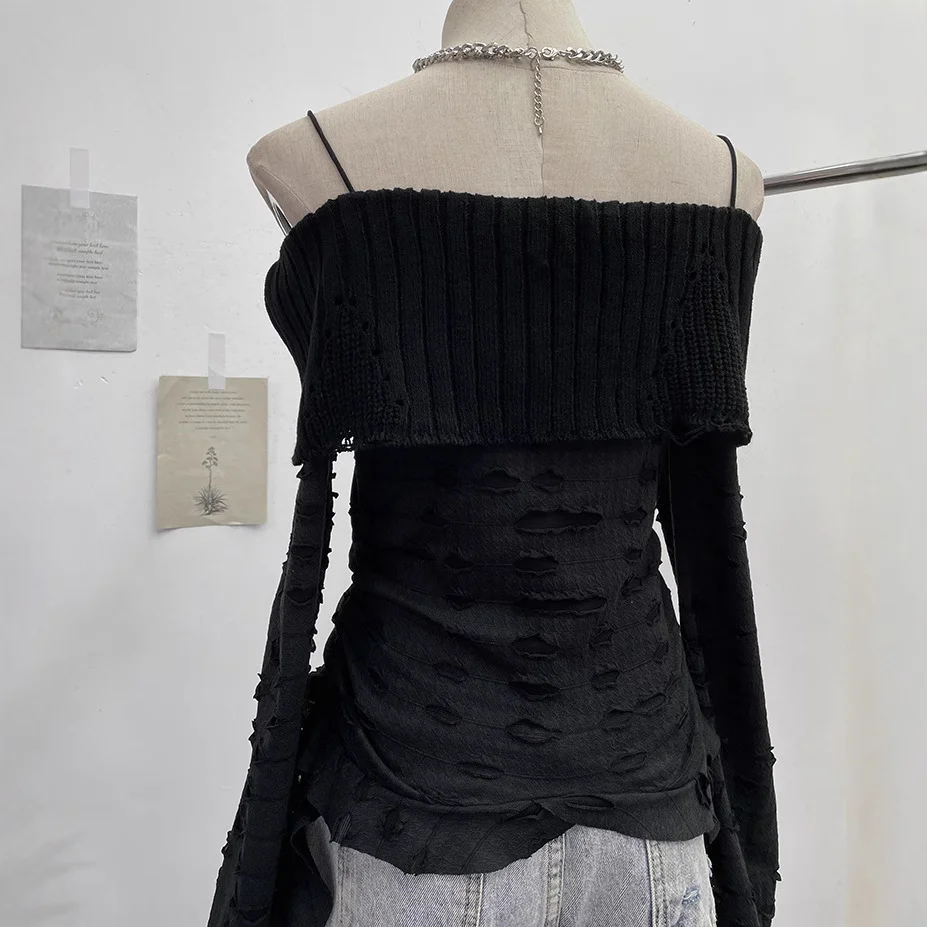 Uveng Real Shooting Of Waste Soil Wind Word Leakage Collar Collar Collar To Make Old Hole Sling Knitted Shirt With Short Sweater 1113