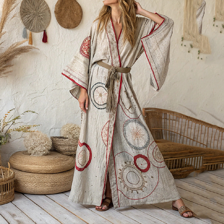 Utbros Women's Vintage Art Linen V-neck Robe
