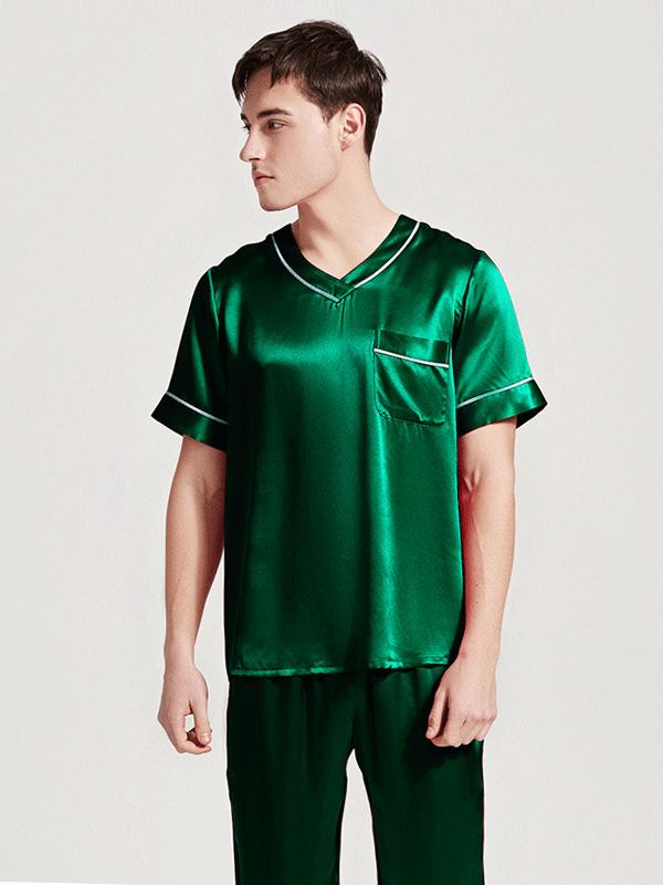 22 MOMME Pyjama en soie classique col V manches courtes homme -Soie Plus