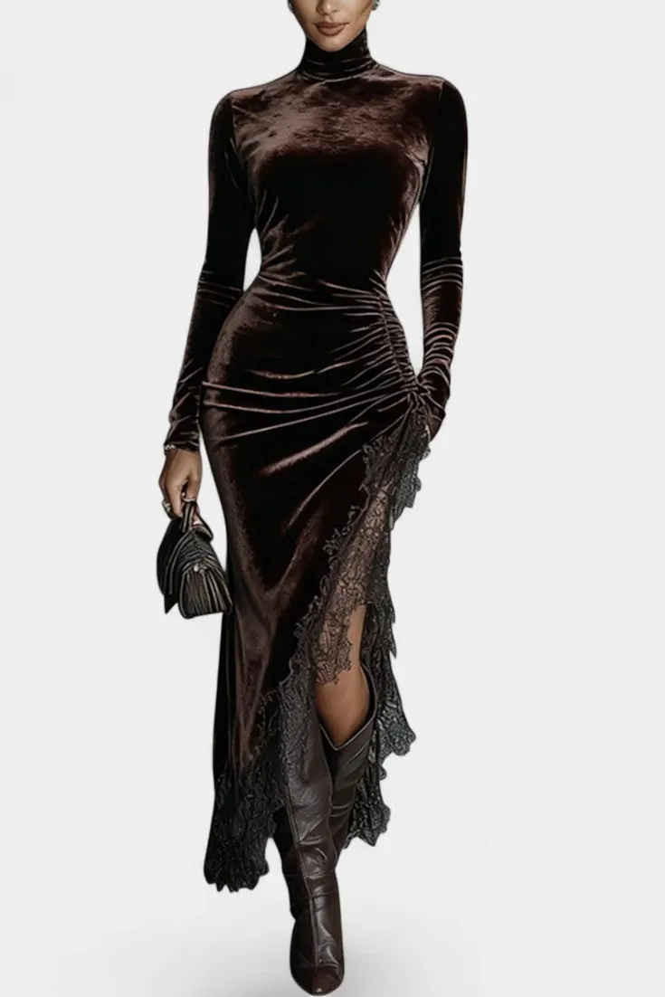 Asymmetric Velvet Maxi Dress with Lace Detailing