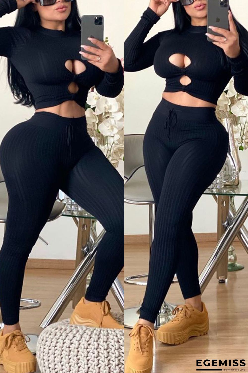 Black Sexy Patchwork HOLLOWED OUT Solid Two Piece Suits pencil Long Sleeve Two-piece Pants Set | EGEMISS