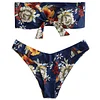 ZAFUl Knot Floral Bandeau Bikini Set Women Mid Waist Swimsuit Sexy Bandeau Swimwear Strapless 4-Color Bathing Suit Biquni