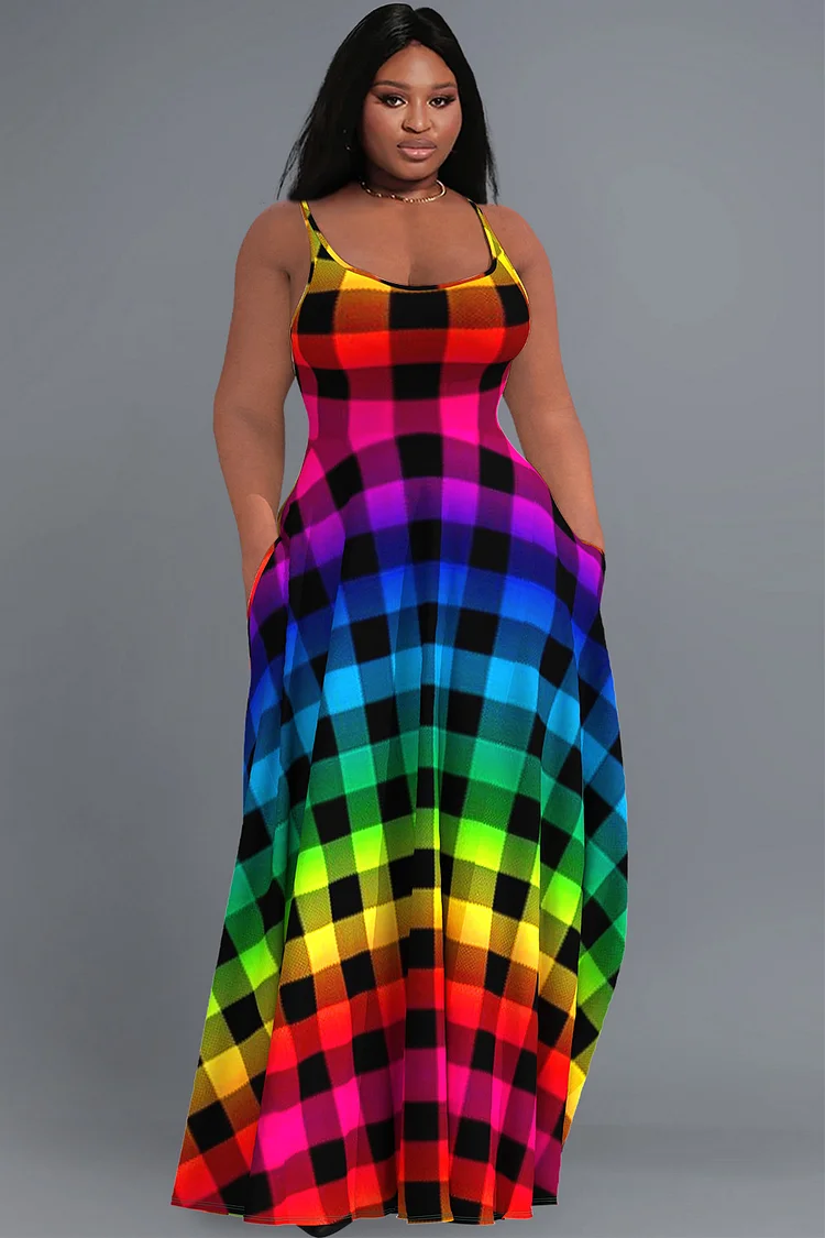 Xpluswear Design Plus Size Casual Sundress Rainbow Gradient Plaid Pockets Cami Maxi Dress