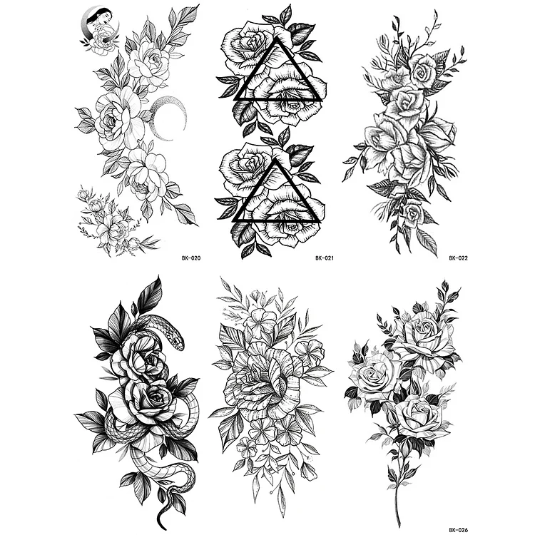 6 Sheets Black Sketch Penoy Snake Rose Temporary Tattoo Sticker