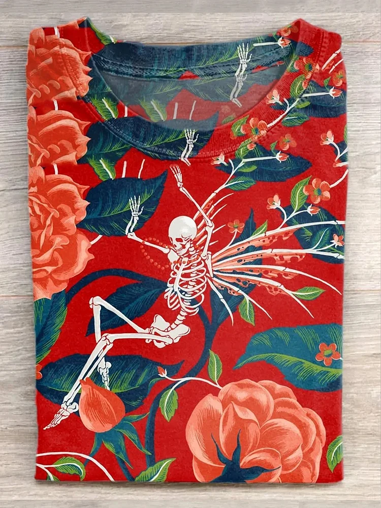 Teecade Teecade Retro Floral Skull Art Print T-shirt