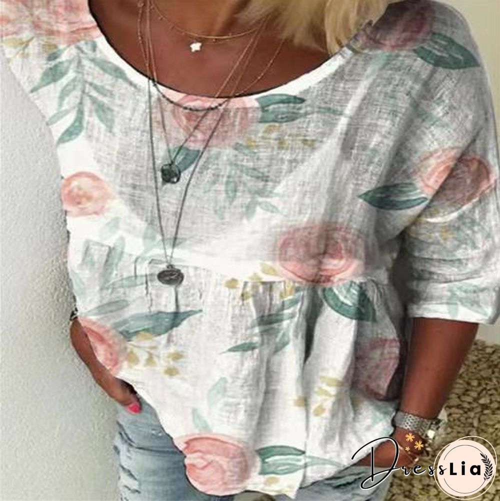 Fashion Women Summer Printed Round Neck Top