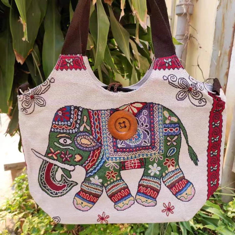 Women’s Large Canvas Elephant Ethnic Style Square Zipper Shoulder Bag