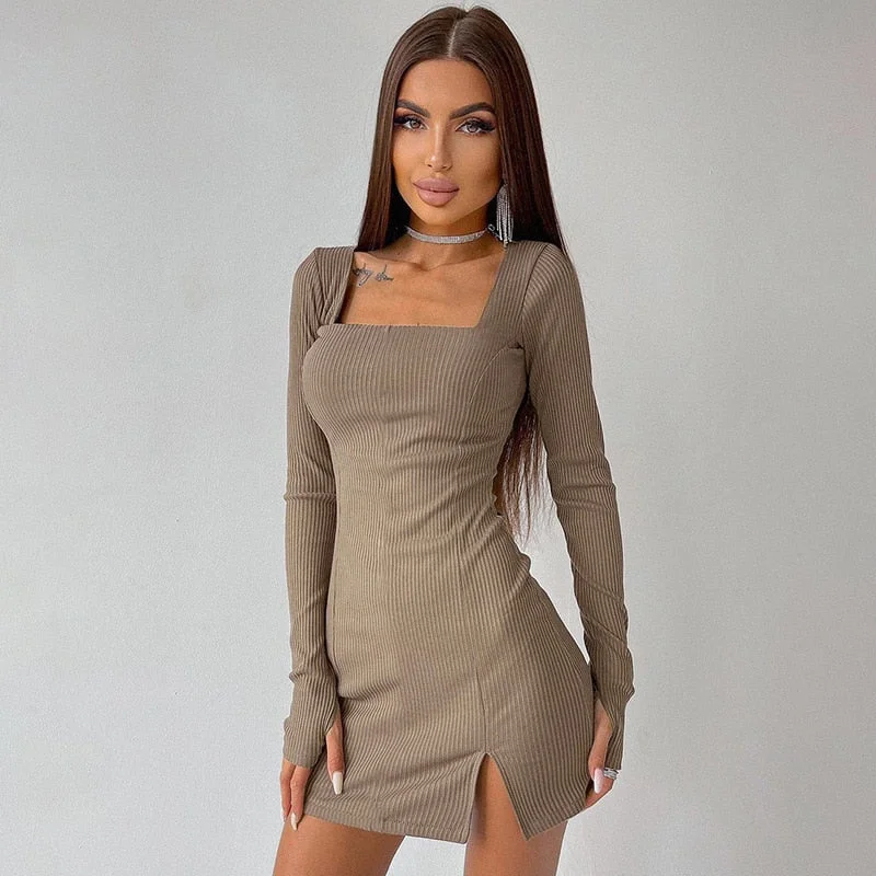Forefair 2021 Autumn Winter Knitted Long Sleeve Square Collar Bodycon Women Dress Causal Party Split Sexy Women's Mini Dresses