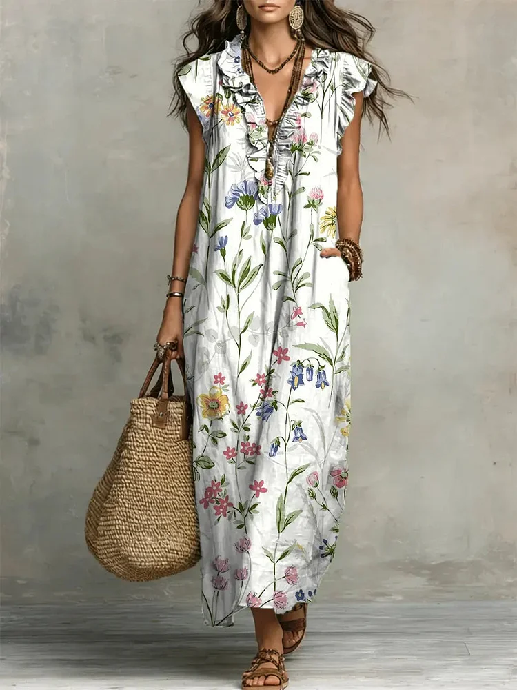 Women's Floral Pattern Art Print Casual Ruffled Stylish Cotton Linen Dress