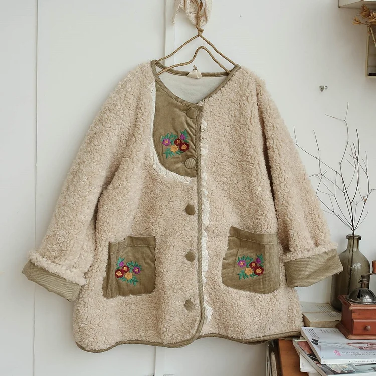 Queenfunky cottagecore style Cutecore Embroidered Corduroy Patchwork Jacket QueenFunky