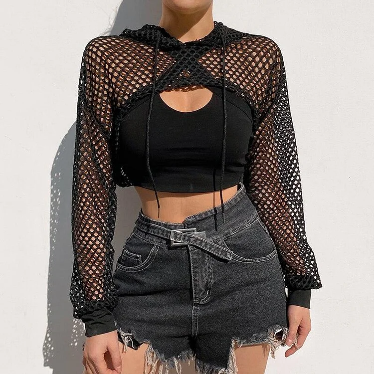 ALTERNATIVE GOTH MESH HOLLOW OUT CROP HOODIE