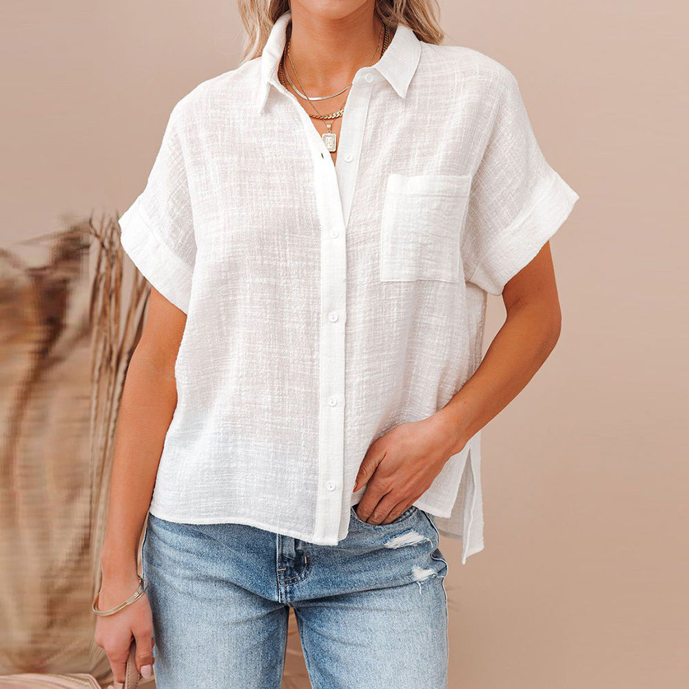 Summer Polo Collar Solid Color Short Sleeve Casual Women Cotton Linen Shirt Top Women Clothing