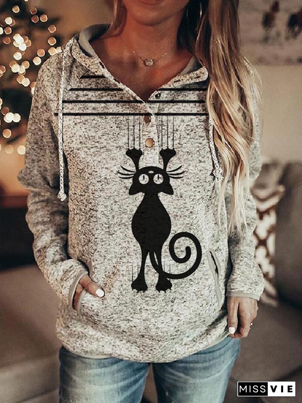 Women's Cat Print Pocket Hoodie