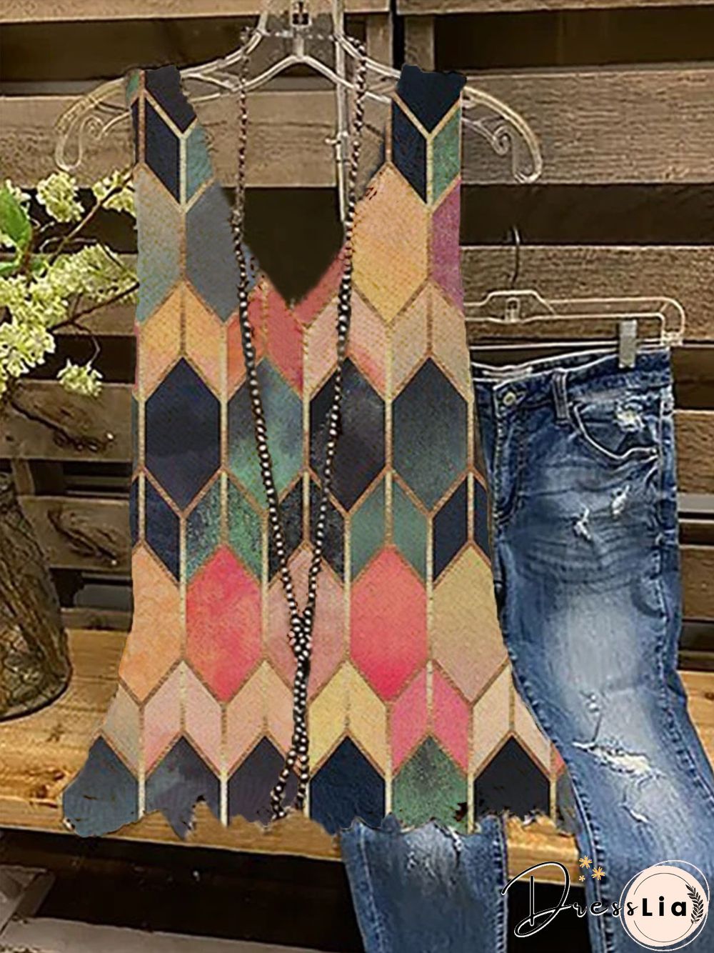 Vintage V Neck Printed Sleeveless Shirts & Tops