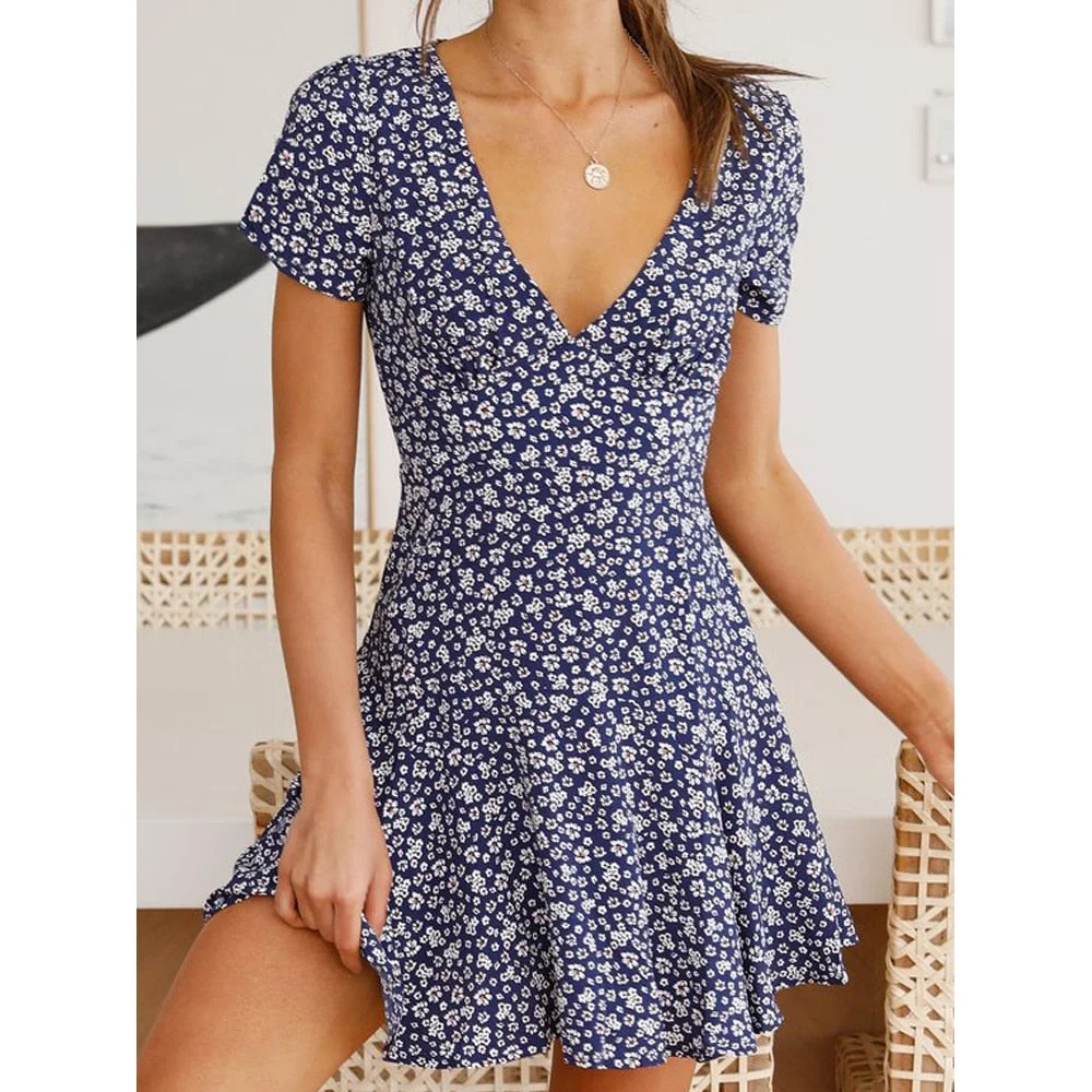 Women's Dress Summer V-Neck High Waist Short Dress for Party Holiday Casual Lady Slim Fit Flared Mini Dress A-Line Flowers/Dots