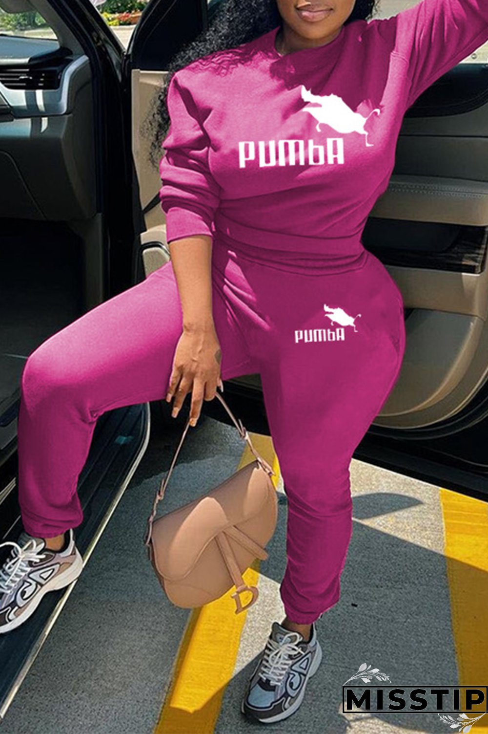 Rose Red Street Print Patchwork O Neck Long Sleeve Two Pieces